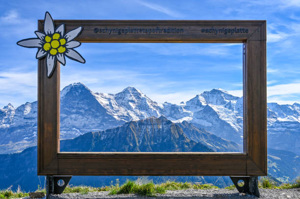 drewniana rama z widokiem na pasmo górskie eiger moench i jungfrau w alpach szwajcarskich - eiger jungfrau monk panoramic zdjęcia i obrazy z banku zdjęć