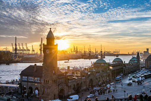 Landungsbruecken with the port of Hamburg during sunset