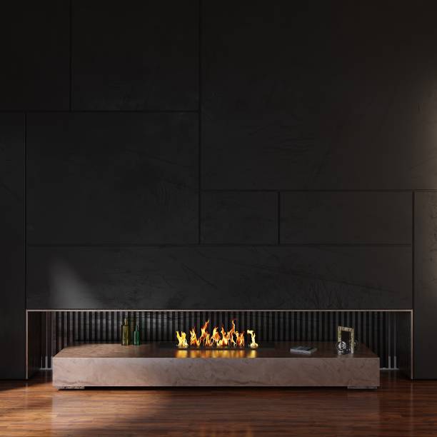 istock Black Wall Mockup, Fireplace with TV Unit Blank Wall 1445280338