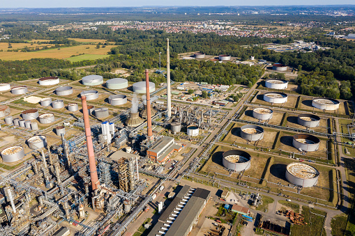 Oil refinery and petrochemical plant viewed from above, oil embargo, Germany.