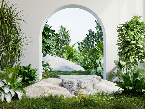 Rock podium in tropical forest for product presentation Behind is a view of the sky.3d rendering