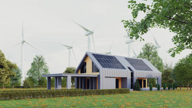 casa ecologica moderna con pannelli solari e mulini a vento per utilizzare energia alternativa. - architettura ecologica foto e immagini stock