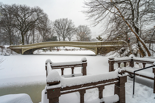 Central Park in winter  after snow storm a the Bow Bridge