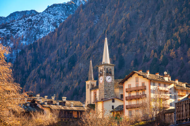 View of the village of Riva Valdobbia, in the Sesia Valley Piedmont, Northern Italy, Vercelli Province; is a small mountain hamlet, at the slopes of Rosa massif Northern Italy Alps.