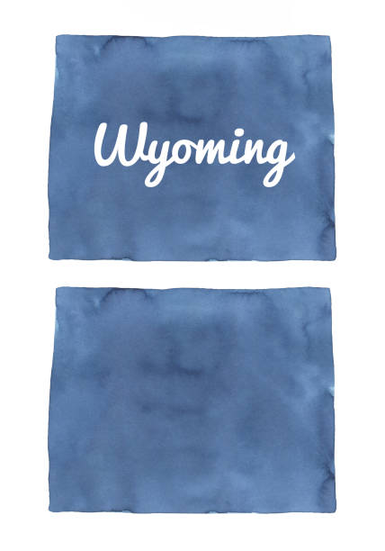 Watercolour illustration set of Wyoming State Map in navy blue in two variations: empty pattern and with text lettering. Hand painted water color sketchy drawing, cut out clip art elements for design. casper wyoming stock illustrations