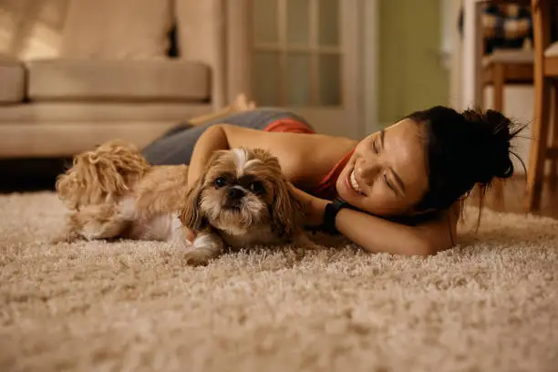 Happy Asian woman and her Shih Tzu dog relaxing on the floor at home.