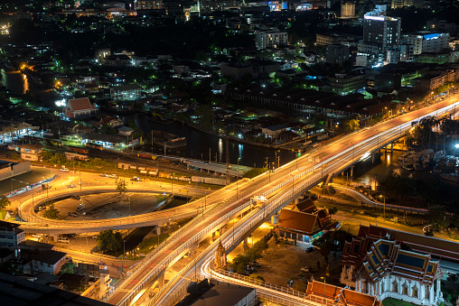 Thailand Bangkok city night view with main traffic high way.