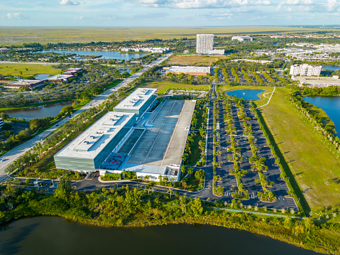 Sunrise, FL, USA - November 27, 2022: Aerial drone photo of American Express Company Building Sunrise FL modern architecture