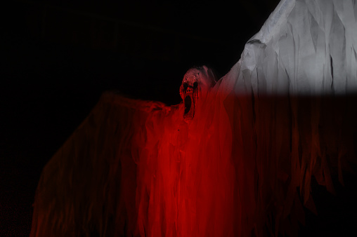 Halloween ghost decoration, scary red scream face costume installation in darkness