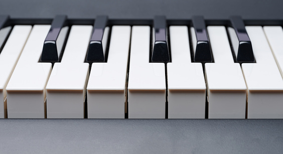 Macro close up view of piano keys front side