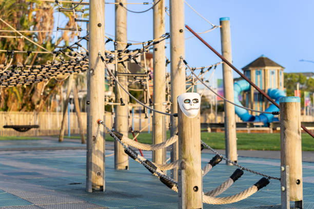 Playground ghost mask on climbing equipment Tauranga New Zealand.