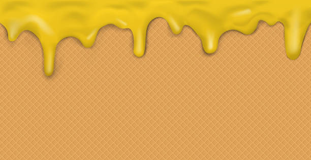süßes, nahtloses panorama-eiscrememuster mit tropfender karamellglasur und waffeltextur - vector - foodbackground stock-grafiken, -clipart, -cartoons und -symbole