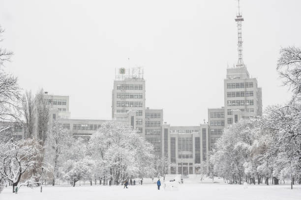 A peaceful snow-covered park featuring quiet pathways and benches surrounded by bare winter trees. This serene scene showcases the tranquility of freshly fallen snow in a calm urban setting. The layout of the benches and pathways invites contemplation and the enjoyment of winter's beauty.