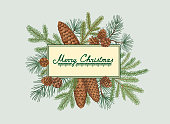 istock Christmas holiday greeting card. Handwritten Lettering MERRY CHRISTMAS. Noel holiday winter floral background in engraving retro style. Nature decor illustration. Suitable for social media post, mobile apps, banner design and web, internet ads. 1445305885
