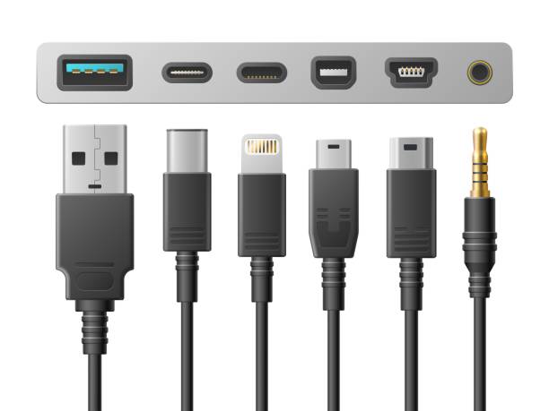 реалистичные типы usb. порты для смартфонов, кабели с различными разъемами, разъемы для цифровых устройств, 3d гаджеты связи. мини и микро молн - usb кабель stock illustrations