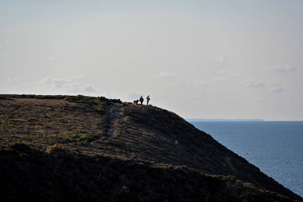 Erquy, France, September 20, 2022 - Silhouette of a couple with a dog on a cliff of Cap d'Erquy.
