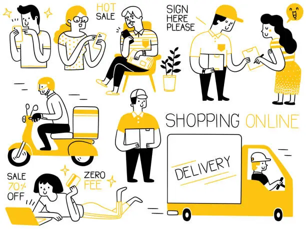 Vector illustration of Shopping Online people doodle set