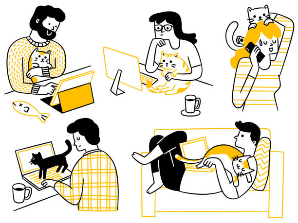 illustrations, cliparts, dessins animés et icônes de les personnes travaillant avec un chat au bureau ou à la maison. - computer silhouette cartoon women