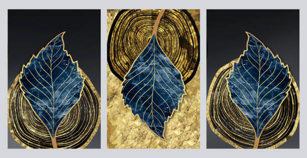 istock Drawing light background of golden, turquoise and tree leaves. 3d canvas wall art 1445312331