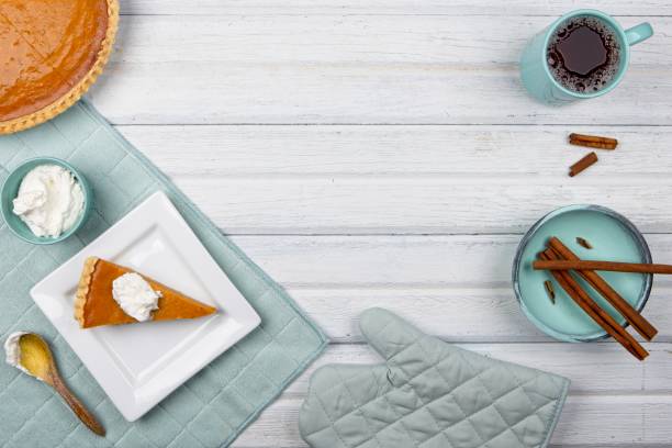 Flatlay of pumpkin pie with space for text.