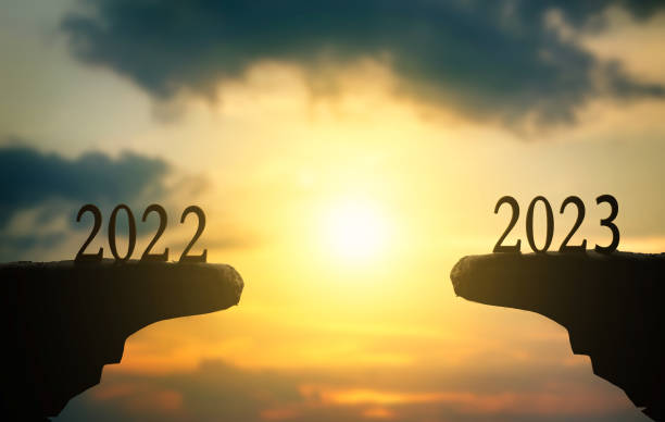 2023 new year concept: silhouette of 2023 with sky for preparation of welcome 2023 New Year party. stock photo