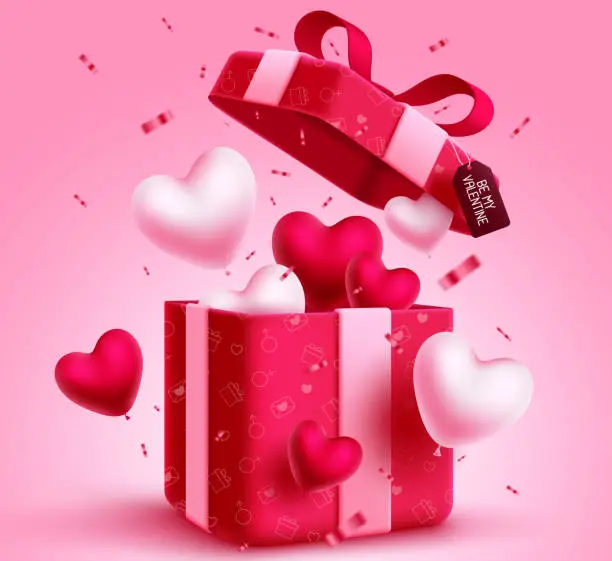 Vector illustration of Valentine's day gift vector concept design. Be my valentine with gift box and balloons heart elements