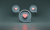 3d social media notification love heart pink white icon in chat bubble dark on dark background 3D illustration rendering