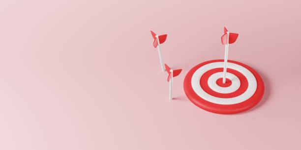 istock Red white arrows hit the target dart board on pink background. Business target strategy bullseye icon sign, Online marketing goal objective management, successful point challenge concept. 3d rendering 1445321046