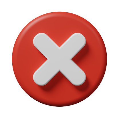 Red cancelled X cross mark sign delete or remove button icon in a circle isolated on white background. Wrong error, ban, failed, false verification, incorrect, negative symbol concept. 3d rendering