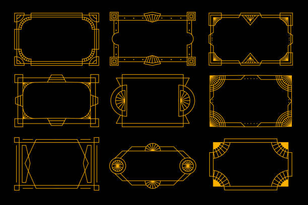 Art deco frame in golden color for classy and luxury design style. premium vintage line art for design element and ornament. Classy outline stroke for background and print decoration Art deco frame in golden color for classy and luxury design style. premium vintage line art for design element and ornament. Classy outline stroke for background and print decoration art deco frame stock illustrations