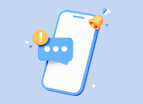 3D Mobile phone with speech bubble message and alert notification. Info notice. Not delivered message. Exclamation mark. Cartoon creative design concept icon isolated on blue background. 3D Rendering