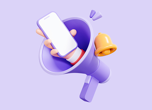 Megáfono 3D con teléfono móvil de mano. Anuncio en línea y marketing en redes sociales. Pantalla blanca para noticias y promociones. Icono de diseño creativo de dibujos animados aislado sobre fondo púrpura. Renderizado 3D photo