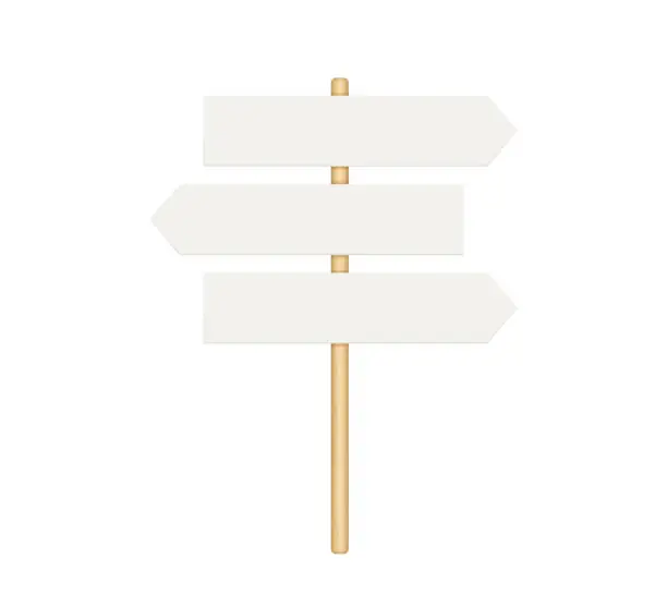 Vector illustration of Signboard with wooden pole. Direction sign post with arrow. Street road boards. Realistic signpost to choose road or street. Vector illustration isolated on white background