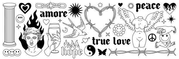 Tattoo art 1990s, 2000s. Y2k stickers. Butterfly, barbed wire, fire, flame, chain, heart. Tattoo art 1990s, 2000s. Y2k stickers. Butterfly, barbed wire, fire, flame, chain, heart and other elements in trendy psychedelic style. Vector hand drawn tattoo print. Black and white colors. goth stock illustrations