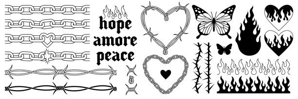 ilustrações de stock, clip art, desenhos animados e ícones de tattoo art 1990s, 2000s. y2k stickers. butterfly, barbed wire, fire, flame, chain, heart. - barbed wire wire chain vector