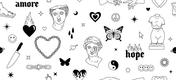 Tattoo art 1990s, 2000s. Y2k seamless pattern. Butterfly, fire, flame, chain, heart, greek statue. Tattoo art 1990s, 2000s. Y2k seamless pattern. Butterfly, fire, flame, chain, heart, greek statue and other elements in trendy psychedelic style. Vector hand drawn background. Black and white colors. gothic heart backgrounds stock illustrations