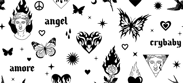 Tattoo art 1990s, 2000s. Y2k seamless pattern. Butterfly, fire, flame, heart, greek statue and other elements in trendy psychedelic style. Vector hand drawn tattoo background. Black and white colors.