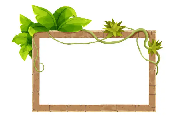 Vector illustration of Stone brick frame border jungle decorated with liana, tropical leaves and grass ancient medieval in cartoon style, isolated on white background. Game decoration, menu. Vector illustration