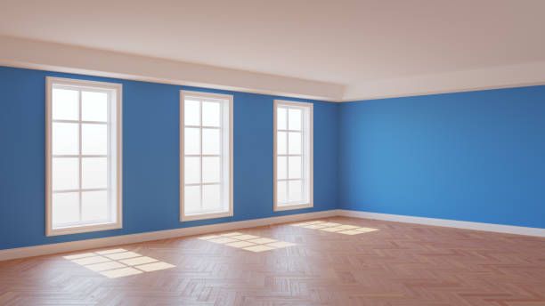 istock Beautiful Sunny Interior with Blue Walls, Three Large Windows 1445327846