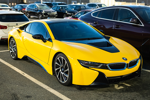 November 27, 2022 - Halifax, Canada - A 2016 BMW i8 hybrid sports car available at a dealership. The i8 was in production from 2014-2020 producing a total of 20,465 cars.