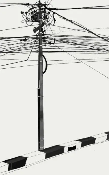 Vector illustration of illustration of messy electrical pole in Indonesia