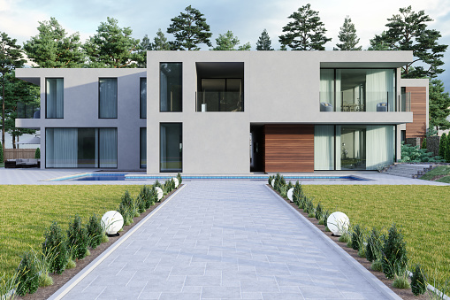 3d renders of luxurious house along the sea. Big villa with two floors and garden overlooking the sea.