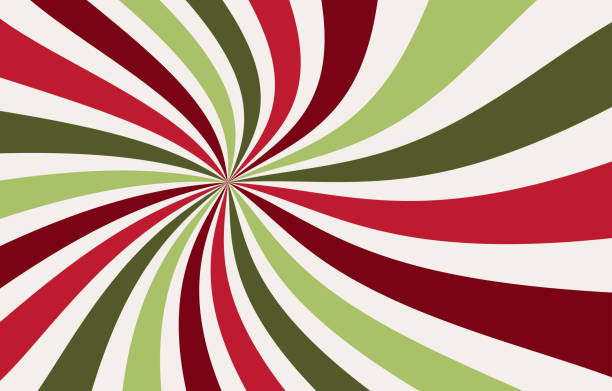 istock retro Christmas background, red white and green candy cane starburst, sunburst background vector pattern in a vintage hippy or groovy color palette, spiral or swirled radial striped holiday design 1445333404