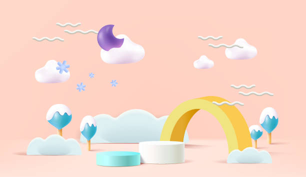 istock Stage podium decor with weather shapes, and clouds. 3d pedestal winter scene or platform for product stand. Vector illustration. Round podiums for kids product presentations. 1445334607
