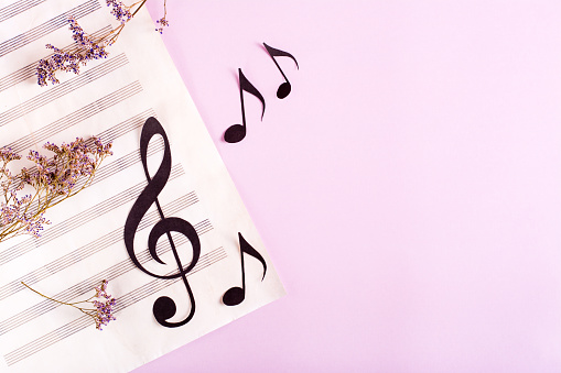 Paper musical clef and paper notes on a sheet of music and dry flowers. Top view.