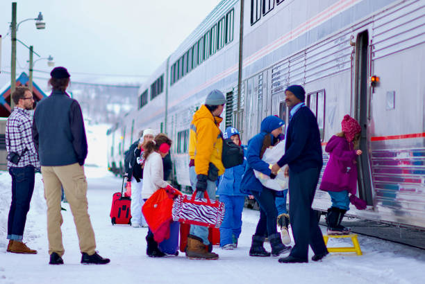 Passengers Board Amtrak's "California Zephyr", Winter Park, Colorado (USA) stock photo