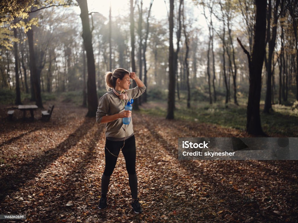 Ugh, I feel so tired after this training! Exhausted female athlete taking a break after sports training during autumn day in the forest. Copy space. Adult Stock Photo