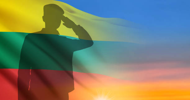 illustrations, cliparts, dessins animés et icônes de silhouette de soldat saluant avec le drapeau de la lituanie sur fond de coucher de soleil. forces armées lituaniennes - saluting veteran armed forces military