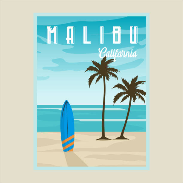 malibu california beach vektor poster illustration vorlage grafikdesign. surf travel banner und schild für business oder urlaub konzept - paradise california stock-grafiken, -clipart, -cartoons und -symbole