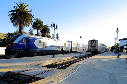 San Luis Obispo, California, USA - November 24, 2022: Amtrak Pacific Surfliner and Amtrak Coast Starlight Train - San Luis Obispo Train Station.